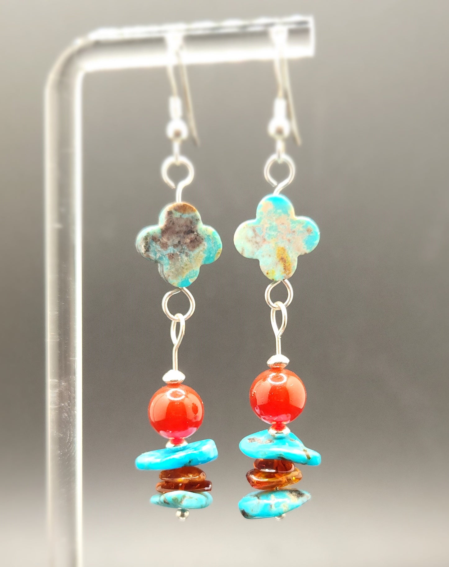 Turquoise Flat Nuggets Beads, 4 Leaf Clover Carved Real Genuine Natural Blue Turquoise, Natural Amber Beads