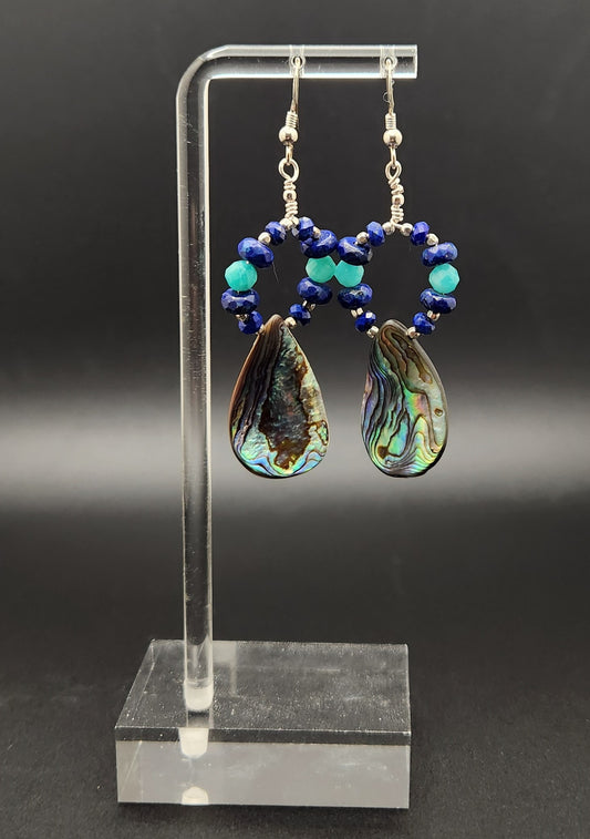 Natural Abalone Shell Teardrop, Faceted Natural Blue Lapis Lazuli and Amazonite Sterling Silver Earing